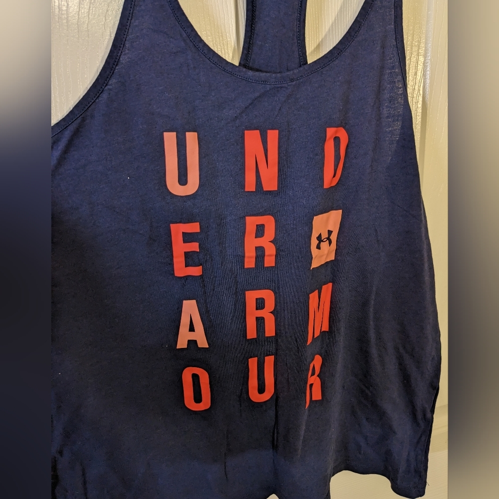 Under Armour Navy with coral writing Racerback tank - Picture 2 of 6